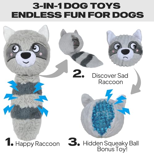Fida Squeaky Dog Toys for Aggressive Chewers 3 in 1, Dog Chew Toys with 3 Layers,Interactive Dog Toys for Large Dogs Balls to Keep Them Busy for Small Medium Dogs(Raccoon) - color: Grey Raccoon