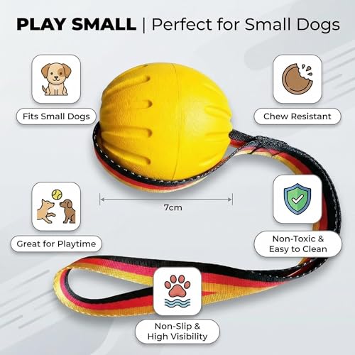 Durable Rubber Dog Ball with Strap - Interactive Fetch/Tug Toy for Aggressive Chewers, Floating Dog Toy for Medium/Large Dogs (Small) - size: Small