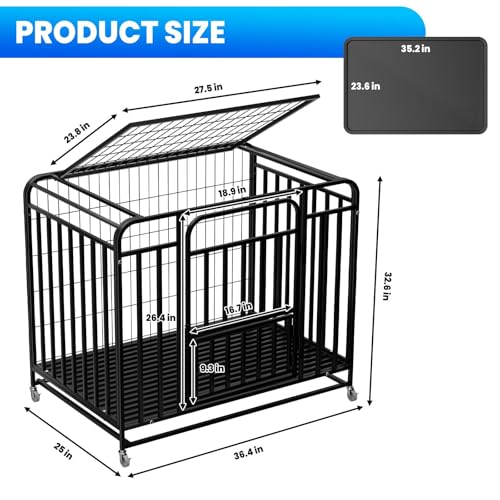 37-Inch Medium Dog Crate with Divider, Double Door Folding Alloy Metal Wire Cage with Leak-Proof Plastic Tray, Portable Pet Kennel for Indoor, Outdoor, and Travel,Black