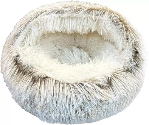 Cat Bed Round Fluffy Hooded Cat Bed Cave, Anti-Anxiety Cave Bed with Hooded Blanket, Cozy Cuddler Luxury Puppy Pet Bed, Anti-Slip Bottom and Machine Washable (Khaki, Medium) - color: Khaki, size: Medium