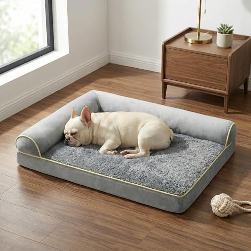 Orthopedic Medium Dog Bed 30 x 20Inch, L Shaped Memory Foam Pet Bed with Sides, Comfortable Dog Couch with Removable Washable Arctic Velvet Cover & Non-Slip Bottom, Gray - size: 29.5" L x 19.7" W x 5.9" H--With sides