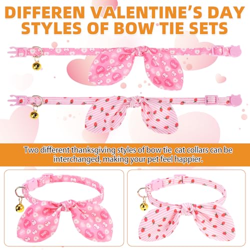 KOOLTAIL Girl Cat Collar Breakaway with Bowtie and Bells, 2 Pack Cute Kitten Collars, Pink Heart & Strawberry Design with Safety Buckle Adjustable for Small Large Girl Cats - color: Heart & Strawberry