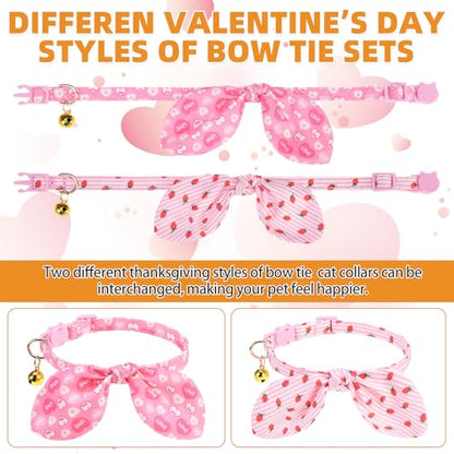 KOOLTAIL Girl Cat Collar Breakaway with Bowtie and Bells, 2 Pack Cute Kitten Collars, Pink Heart & Strawberry Design with Safety Buckle Adjustable for Small Large Girl Cats - color: Heart & Strawberry