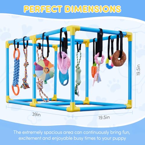 Puppy Play Gym for Small Dogs, Indoor Dog Jungle Gym Activity Center with Stable Frame, Interactive Enrichment Stand for Boredom Relief & Active Play, Includes 12 Toys to Keep Puppies Busy