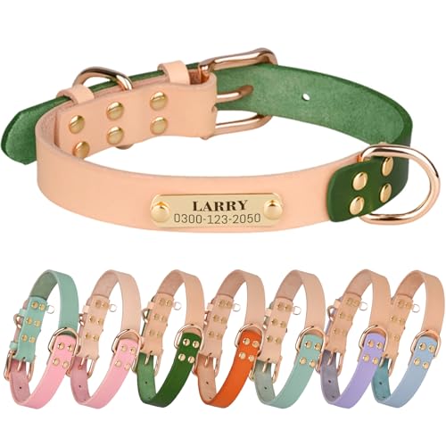 Personalized Dog Collar with Nameplate – Genuine Leather, Engraved Pet ID Tag with Phone Number – Adjustable Custom Dog Collar for Small, Medium & Large Dogs, Durable Cowhide Collar - color: Dark Green, size: XS: 8-11"(Fit -9 lb)
