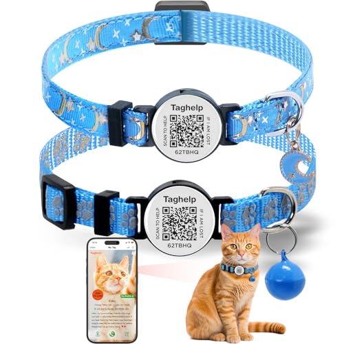 Breakaway Safety Cat Collar with QR Code ID Tag, 2 Pack Reflective Lightweight Kitten Collars – Silent Durable Collar with Online Pet Info Profile, Blue - color: Star Moon & Paw pattern - Blue, size: Collar Only