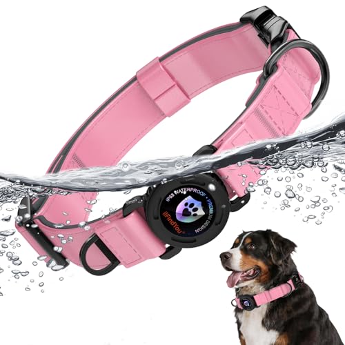Airtag Dog Collar, Dog Collar with airtag Holder, IP68 Waterproof Leather Dog Collar with Metal Buckle & Lockable Airtag Holder, Heavy Duty Adjustable for Small Medium Large Dogs (Pink S) - color: PINK, size: S(12"-15")
