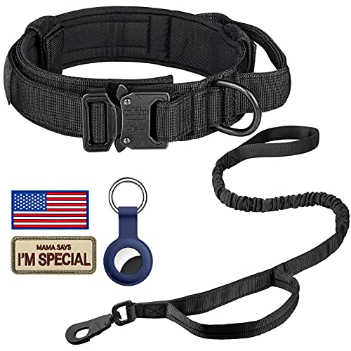 DAGANXI Tactical Dog Collar Leash Set, Adjustable Military Training Nylon Dog Collar with Controll Handle and Heavy Metal Buckle for Medium and Large Dogs，with Patches and Airtags Case (L, Black-Set) - color: Black-SET, size: L