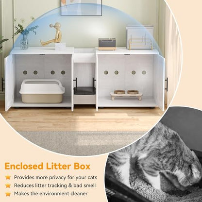Garvee Cat Litter Box Enclosure for 2 Cats, 55" Hiddden Litter Box Enclosure Furniture 3-in-1 Wooden Litter Cabinet with Barn Door & Double Rooms for Bedroom Living Room,White - color: White