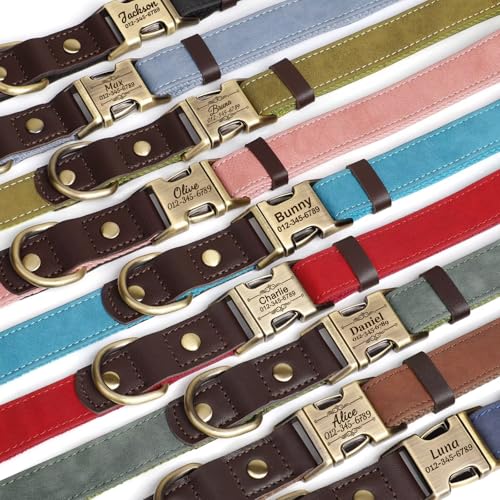 Personalized Dog Collars, Custom PU Leather Dog Collar with Name&Phone Number, Engraved Dog Collar for Large Dogs, Adjustable Durable Collar with Quick Release Metal Buckle, Denim Blue,L - color: Denim Blue, size: L: Neck 16-23", Width 1"