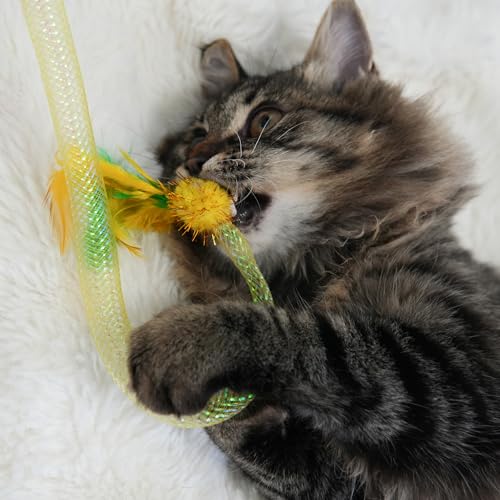 Cat Wand Toy 3 Pack for Cats and Kittens, Feather Wand Cat Teaser with Mesh Tube, Bell and Pom Pom, Interactive Fishing Pole Toy for Indoor Cats