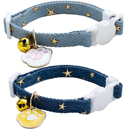 2 Pack Denim Breakaway Cat Collars with Bell Cat Paw Pendant Kitty Kitten Collars Blue Collar for Female Girl Cats Male Boy Cats Star Print - color: Blue