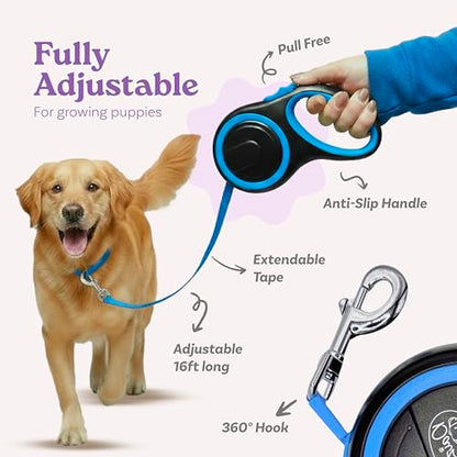 Retractable Dog Leash for Small, Medium & Large Dogs – Heavy-Duty, Tangle-Free, Reflective, 16FT Long, Anti-Slip Soft Handle with One-Hand Brake - 44 LBS /16FT - Small - Blue - color: Blue