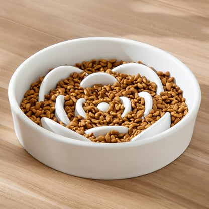 8.25'' Ceramic Slow Feeder Dog Bowls - Petal Shape Modern Dog Food Dish for Medium and Large Breeds, Puzzle Maze Bowl to Slow Down Eating, Anti-Gulping, Dishwasher & Microwave Safe, White - color: White, size: 8.25 inch