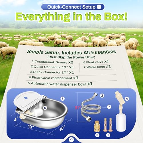 Automatic Animal Drinking Water Bowl with Float Valve, Stainless Steel Kit Includes Bowl, Standard Pipe, Replacement Valve, Quick Connector Adapter and Countersunk Bolts(Auto-Filling)