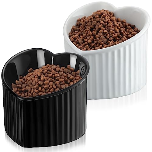 Mumufy 2 Pcs Ceramic Elevated Cat Bowls Tilted Elevated Raised Pet Bowls Anti Vomit Cat Dish for Indoor Stress Free Water Dish Feeder for Puppies, Heart Shaped(Pearly White, Black) - color: Pearly White, Black