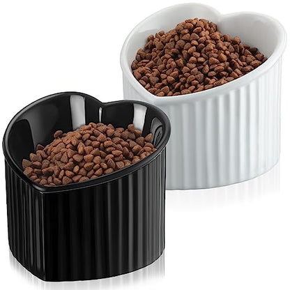 Mumufy 2 Pcs Ceramic Elevated Cat Bowls Tilted Elevated Raised Pet Bowls Anti Vomit Cat Dish for Indoor Stress Free Water Dish Feeder for Puppies, Heart Shaped(Pearly White, Black) - color: Pearly White, Black