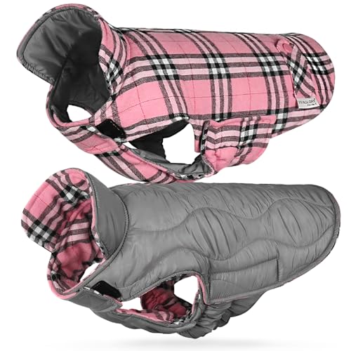 VIVAGLORY Softjoy Dog Coat, Dog Jacket for Winter & Christmas, Coat with Harness Hole, Reversible Plaid Checkered Warm Fluffy Heavy Duty for Puppy, XXS, Pink - color: Pink (Reversible Design), size: XXS: 12-15in (Chest Girth)