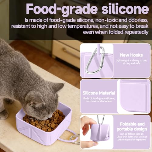 Collapsible Pet Bowls for Dogs and Cats, Portable Travel Silicone Foldable Dog Water Food Bowl with Carabiner 10.5x10.5x4.5cm - color: Purple