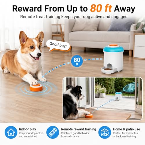 Interactive Dog Treat Dispenser Toy with Remote Button, Dog Puzzle Feeder & Slow Feeder for Bored Dogs, Mental Stimulation Reward Training Toy with 8 DIY Stickers
