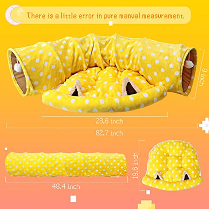 BWOGUE Bunny Tunnel Bed, 2-in-1 Collapsible Tunnel Tubes Toys with Removable Mat Hideout for Cats Kittens Rabbits Guinea Pigs Kitty - color: Yellow