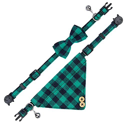 Faleela Breakaway Cat Collar with Bells - 2 Pack Cat Collar with Bells, Cat Collars with Bandana, Accessories for Pet Collars, Adjustable for Cats and Small Dogs - color: Green bow+bandana