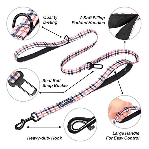 PoyPet 5 Feet Dog Leash - 2 Cushioned Handles - Functional Car Seat Belt (Checkered Beige) - color: Checkered Beige - 2 Handles