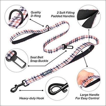 PoyPet 5 Feet Dog Leash - 2 Cushioned Handles - Functional Car Seat Belt (Checkered Beige) - color: Checkered Beige - 2 Handles