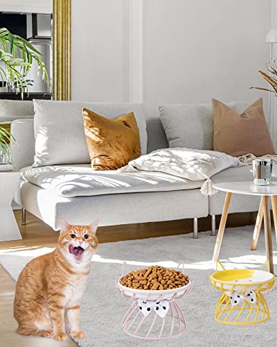 Elevated Cat Bowls with Non-Slip Metal Stand - Raised Food and Water Bowls, Fits Cats & Small Dogs - Dishwasher Safe - color: Yellow