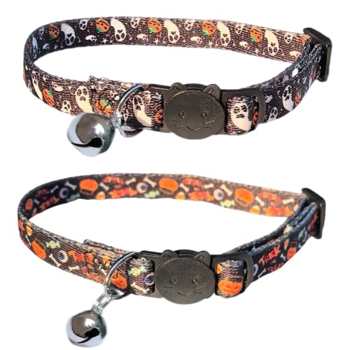 Pack of 2 Cat Collars Breakaway Safety Buckle with Bell, Halloween Style,Adjustable Kitten Collars for Girl Boy Kitty Puppy Small Pets, 8-11" - color: Halloween Style