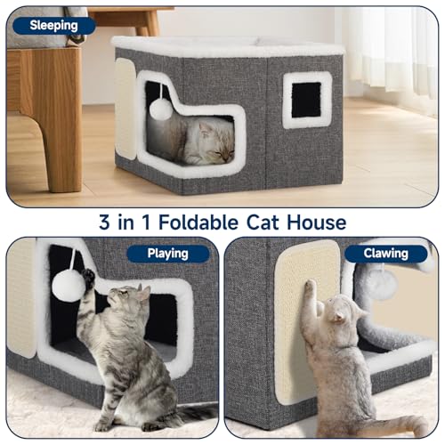 Cat Beds for Indoor Cats, Large Cat Cave with Cozy Hideout, Scratch Pad, Fluffy Ball Hanging, Foldable Cat Hideaway Hold Up to 30LBS, Indoor Cat House with Reversible Soft Cushions for All Seasons - size: Single