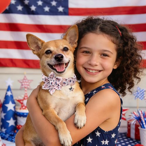 4th of July Independence Day Dog Collars with Flower, Pink Blue American Flag Star Dog Collar, DOGWONG Pink Girl American Flag Dog Collars for Small Dogs,S - color: B:Star Flag, size: S