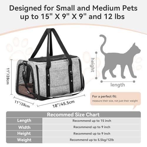 PETSFIT Soft-Sided Cat Carrier with Patented Safety Buckles, Lockable Zippers & Safety Tether,Escape-Resistant Travel Pet Carrier for Car Rides & Vet Visits, Airline Approved Under-Seat, Up to 12 lbs - color: Gray, size: Medium