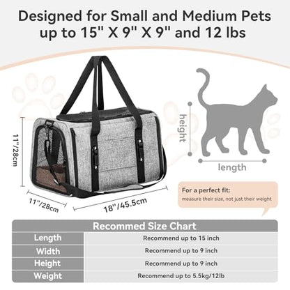 PETSFIT Soft-Sided Cat Carrier with Patented Safety Buckles, Lockable Zippers & Safety Tether,Escape-Resistant Travel Pet Carrier for Car Rides & Vet Visits, Airline Approved Under-Seat, Up to 12 lbs - color: Gray, size: Medium