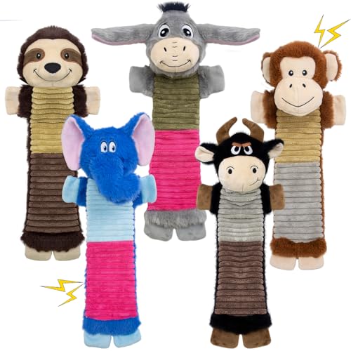 5 Pack No Stuffing Dog Squeaky Toys, Dog Chew with Crinkle and Squeaker, Cute Animal Plush to Keep Them Busy for Tug of war, Not Suitable for Aggressive Chewers - style: Donkey, Elephant, Cattle, Monkey, Sloth