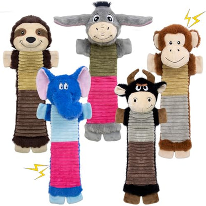 5 Pack No Stuffing Dog Squeaky Toys, Dog Chew with Crinkle and Squeaker, Cute Animal Plush to Keep Them Busy for Tug of war, Not Suitable for Aggressive Chewers - style: Donkey, Elephant, Cattle, Monkey, Sloth