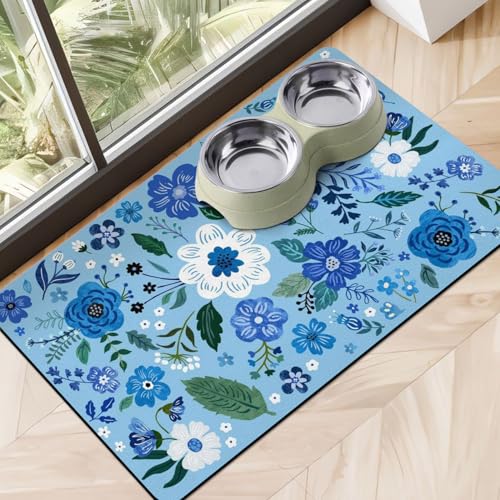 Dog Food Mats for Floors, Absorbent Dog Bowl Mat for Food and Water Dispenser Mat, Quick Dry Cat Food Mat Pet Supplies - color: Floral Blue, size: M(16"×24")