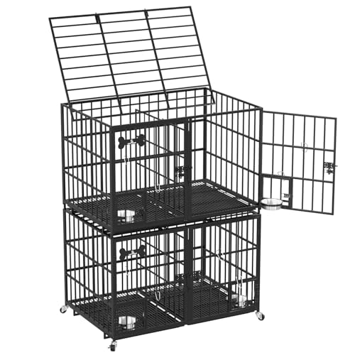 Dosker 48/42 inch Stackable Heavy Duty Metal Dog Crate for 4 Dogs/Large Dog,All Metal Open Top Access,Escape Proof Cage,Dog Kennel Indoor with Wheels,Floor Grid, Tray, Divider and Feeding Bowl - color: Stackable Black, size: 48"inch