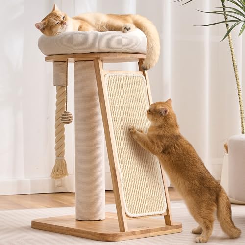Modern Cat Tree Small Tower with Scratching Post for Indoor, Solid Wood Multifunctional Corner Cat Tree Tower with Bed, Dangling Ball,Interactive Rope, Scratching Board - color: White, size: 28 inch