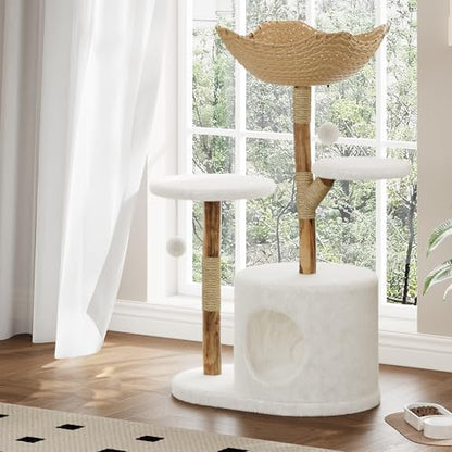 Modern Cat Tree Tower, Natural Solid Wood & Rattan Design with Woven Basket & Condo, Multi-Level Cat Activity Center for Indoor Cats, Aesthetic Pet Furniture - size: XXXX-Large
