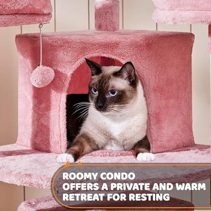 Yaheetech 68.5in Cat Tree for Large Cats, Multi-Level Cat Tower with 3 Wide Perches, Large Condo, Stable Pet Play House w/Sisal-Covered Scratching Posts & Board, Pink - color: Pink, size: 68.5in