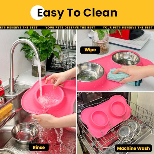 Conlun Stainless Steel Dog Bowls with Non-Slip Silicone Mat, Spill Proof Food & Water Bowls Set, Easy Clean Puppy Food Dish, Dishwasher Safe, Suitable for Dogs Cats Pet Under 20lbs, Small, Pink - color: Pink, size: Small-13 oz