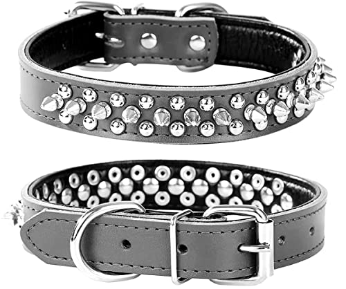 Spiked Studded Dog Collar, Genuine Leather Dog Collar, Adjustable Pet Collars for Small or Medium Pet (S, Black-2) - color: Black-2, size: S