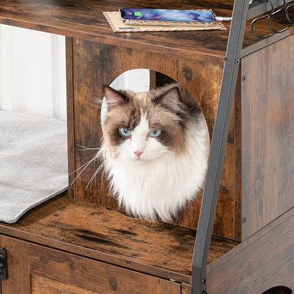 HOOBRO Litter Box Enclosure with 2 Storage Shelves, Tall Litter Box Furniture Hidden with Charging Station, Indoor Hidden Litter Box Furniture with Plush Mat, Rustic Brown and Black BF70UMW01 - color: Rustic Brown + Black
