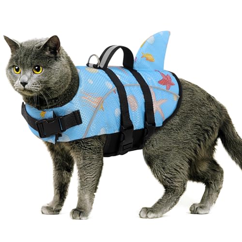 Queenmore XXS Cat Shark Life Jacket, Extra Small Dog Life Vest for Swimming and Boating, Lightweight Dog Life Preserver with Rescue Handle/Leash Hook/Reflective Strips - color: LightBluePrint, size: XX-Small