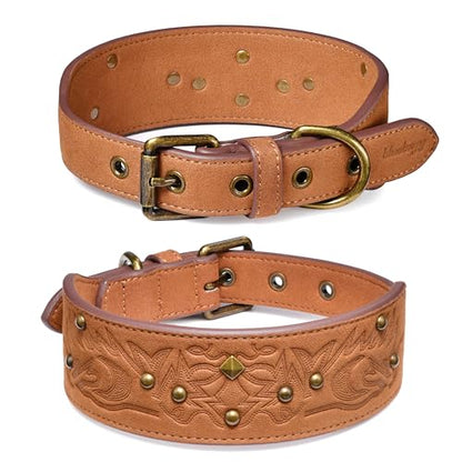 Blueberry Pet Premium Embossed Silver-Powered Freshness Microfiber Suede Leather Dog Collar in Saddle Brown - color: Saddle Brown, size: Large