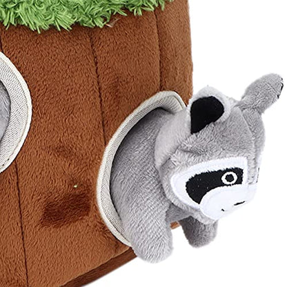 Raccoon in Tree Hide and Seek Dog Toy, Hide a Raccoon Plush Dog Toy Puzzle with Squeaker for Small and Medium Size Dogs