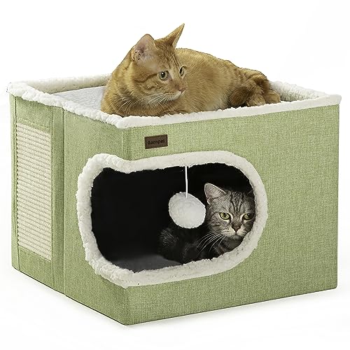 Garnpet Cat Bed for Indoor Cats Cube House, Covered Cat Cave Beds & Furniture with Scratch Pad and Hideaway Tent, Cute Modern Cat Condo for Multi Small Pet Large Kitten Kitty, Green - color: Green, size: 16.5"D x 16.5"W x 13"H