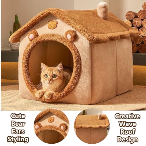 Cat Bed for Indoor Cats,Cozy Cat Cave Bed Cat House Cat Tent with Removable Cushion Pillow,Soft Warm Pet House Puppy Bed,Cute Bear Pet Nest for Cat Kitten Small Dogs (Brown, L-20.5x16.9x19.7 Inches) - size: L-20.5x16.9x19.7 Inches