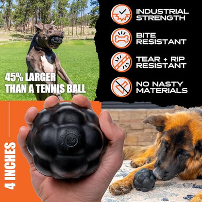 Monster K9 Indestructible XL Dog Ball – Lifetime Replacement - Durable Dog Toy for Aggressive Chewers - Safe, Non-Toxic Natural Rubber - Chew, Fetch, Stuff with Treats - USA Made - 4” (Soft Ball Size)